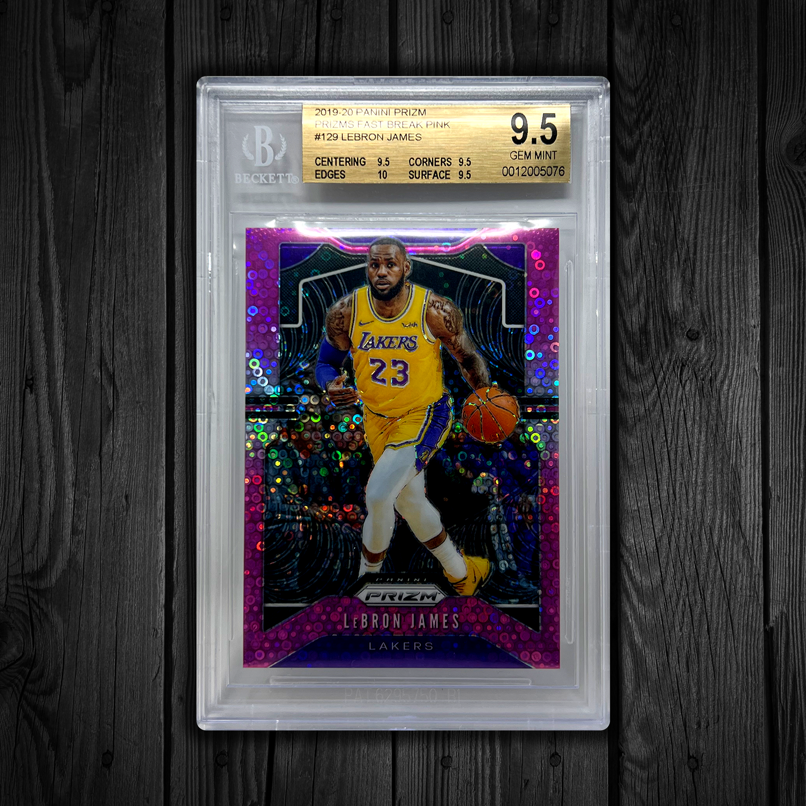 2019-20 Panini LeBron James Pink Prizm Card #23/50 graded BGS 9.5 GEM front view