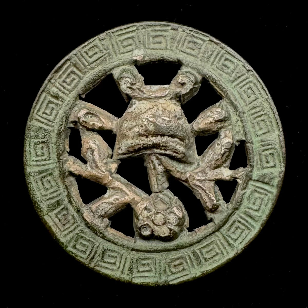 Antique Openwork Animal Button with Greek Key Border – Unique Design, Extremely Rare