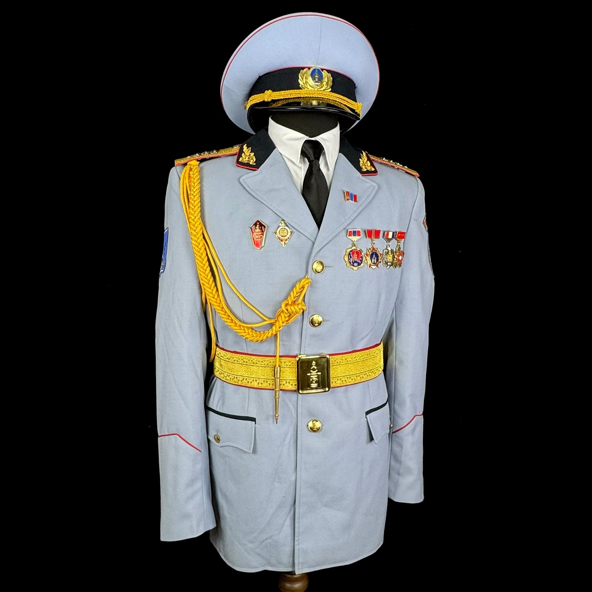 Mongolian Armed Forces Officer Full Ceremonial Parade Uniform – Complete Set with Tunic, Trousers, Visor Cap, Medals, Aiguillette & Belt, Original Issue