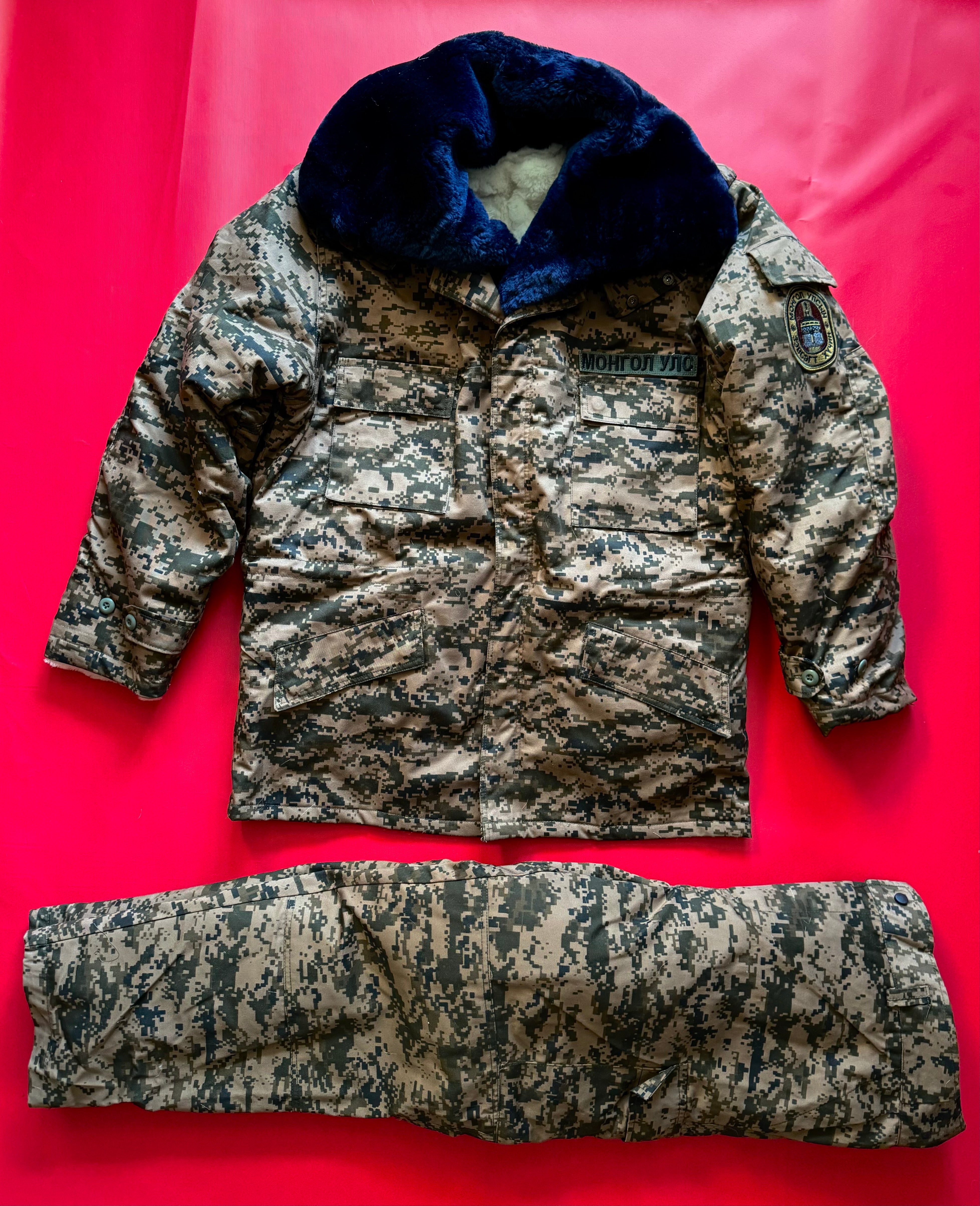 Mongolian Army Surplus Winter Camo Jacket & Pants With Sheepskin Liner Size L / EU 52
