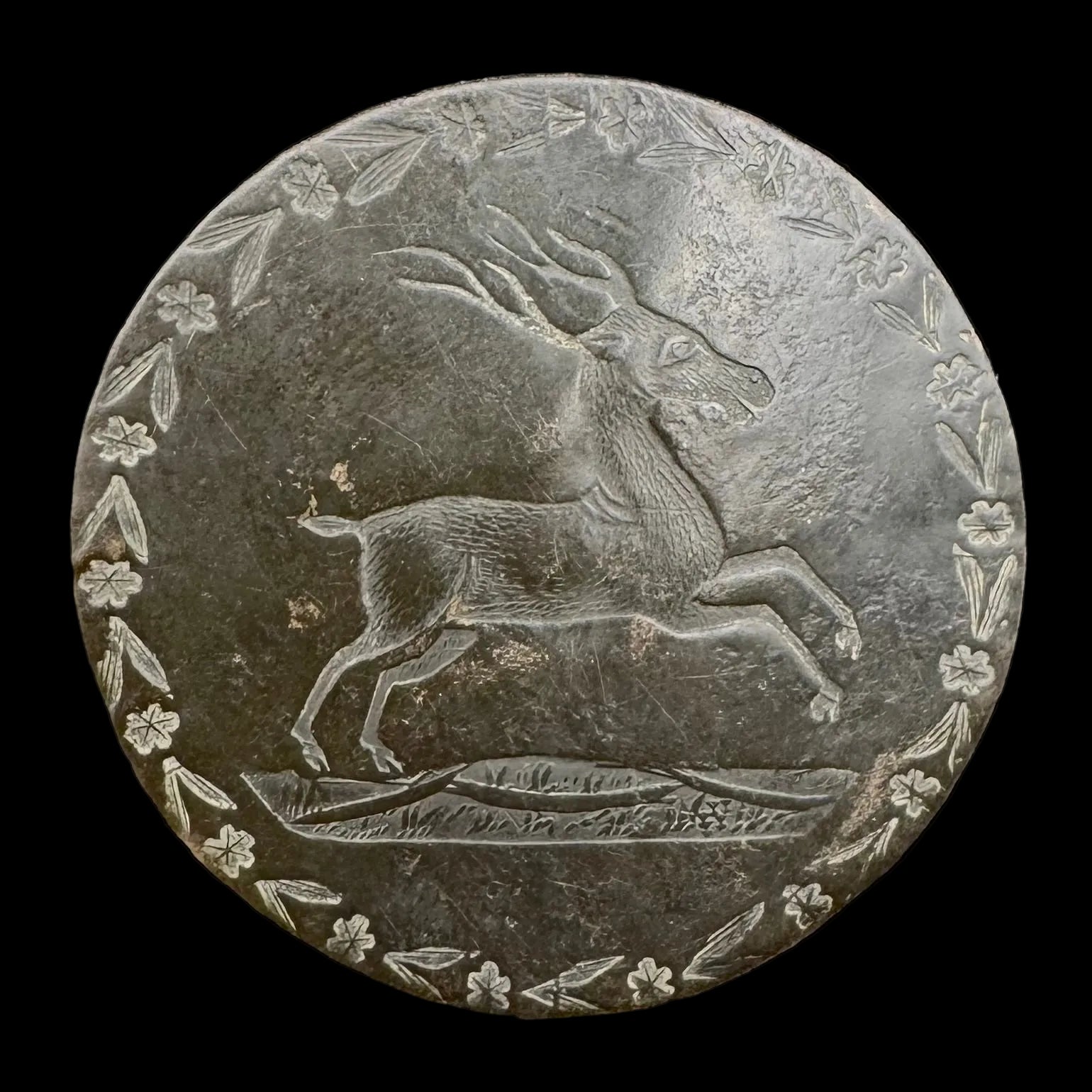 Antique Running Deer with Floral Wreath Border Button – Early Metal Shank, Unattributed Origin, Exceptionally Rare