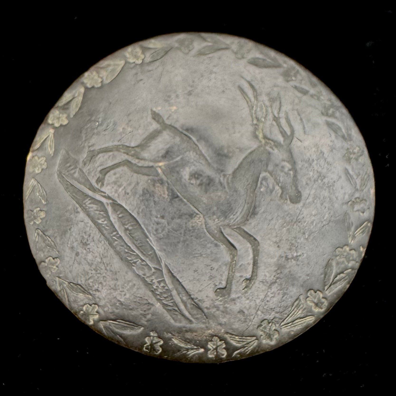 Antique Running Deer with Floral Wreath Border Button – Early Metal Shank, Unattributed Origin, Exceptionally Rare