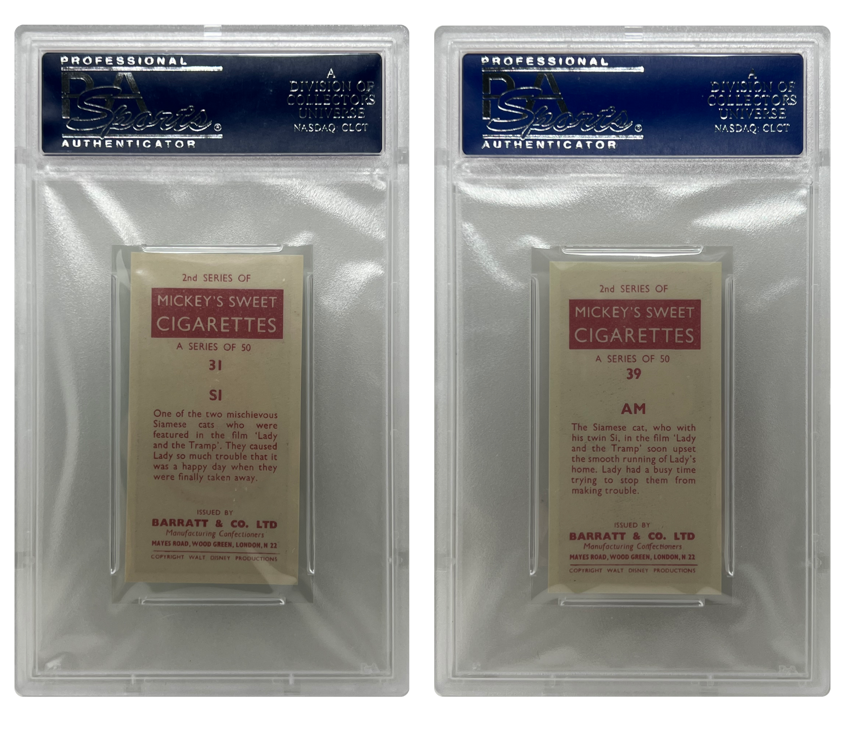 1957 Barratt Walt Disney Characters Siamese Cat Sisters Si and Am Card PSA 9 MINT