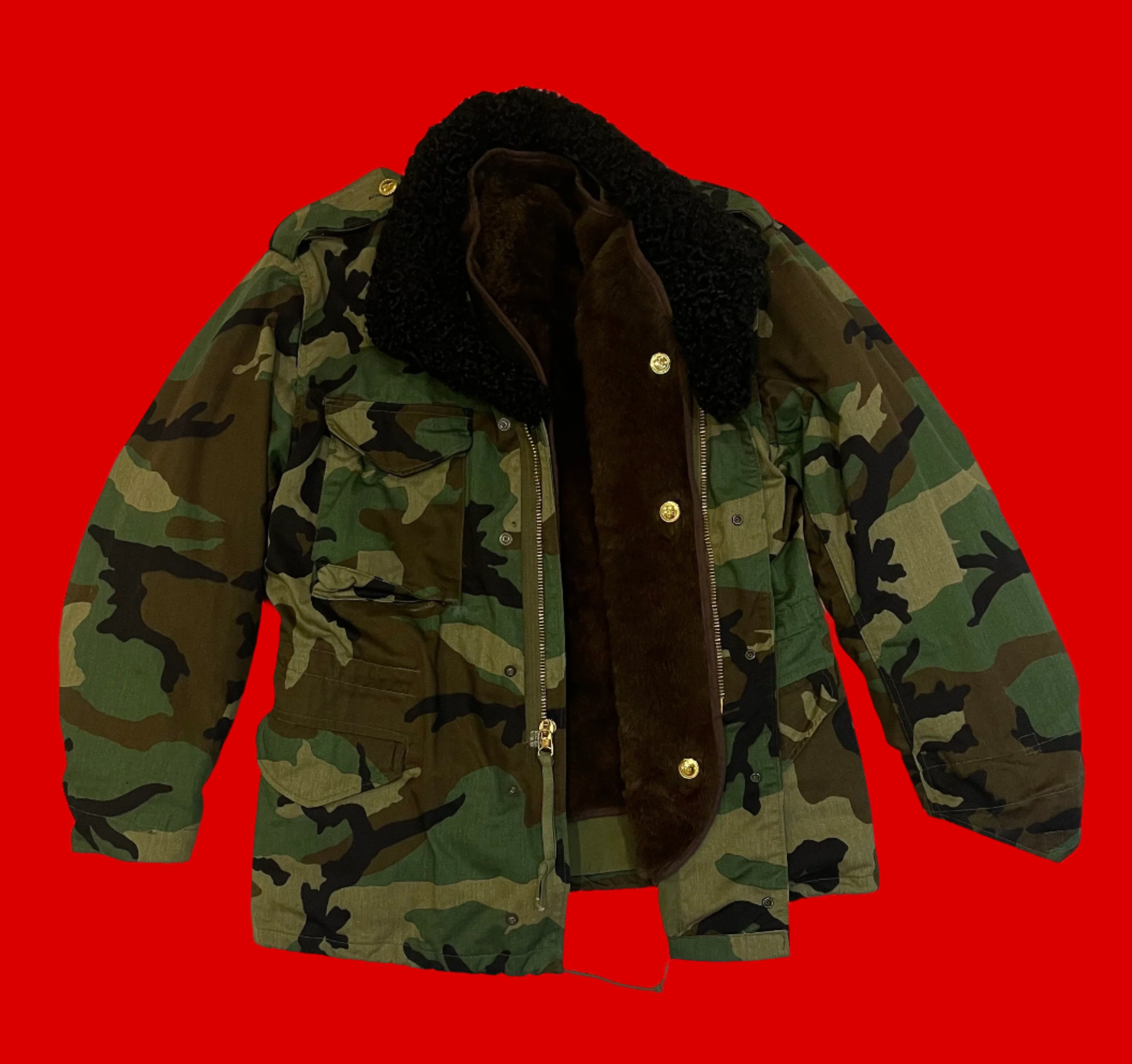 US M65 Field Jacket Woodland Camo Removable Karakul & Sheepskin Large Regular