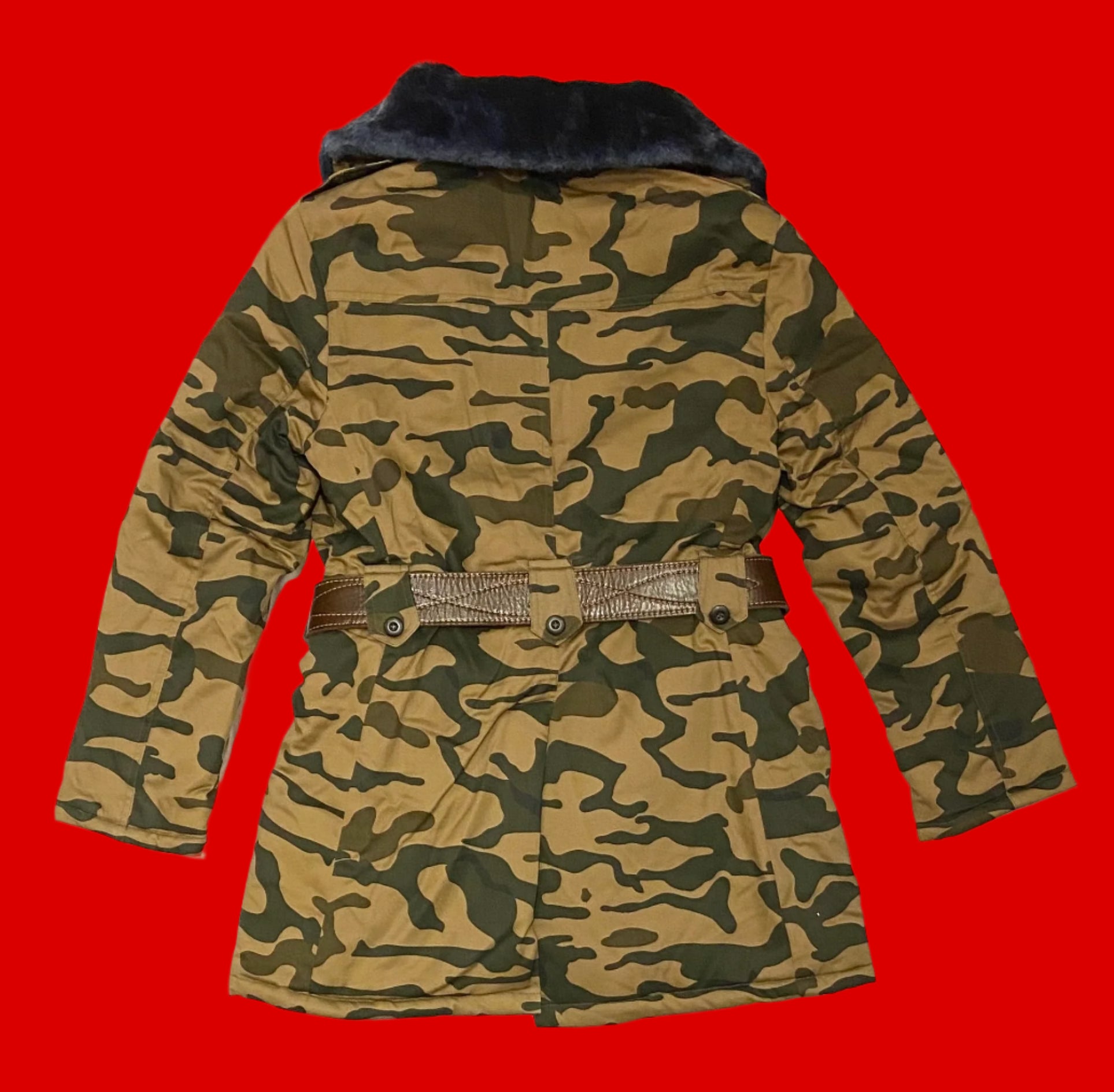 2000s Mongolian Army Surplus Winter Camo Coat With Leather Belt Size S / EU 46