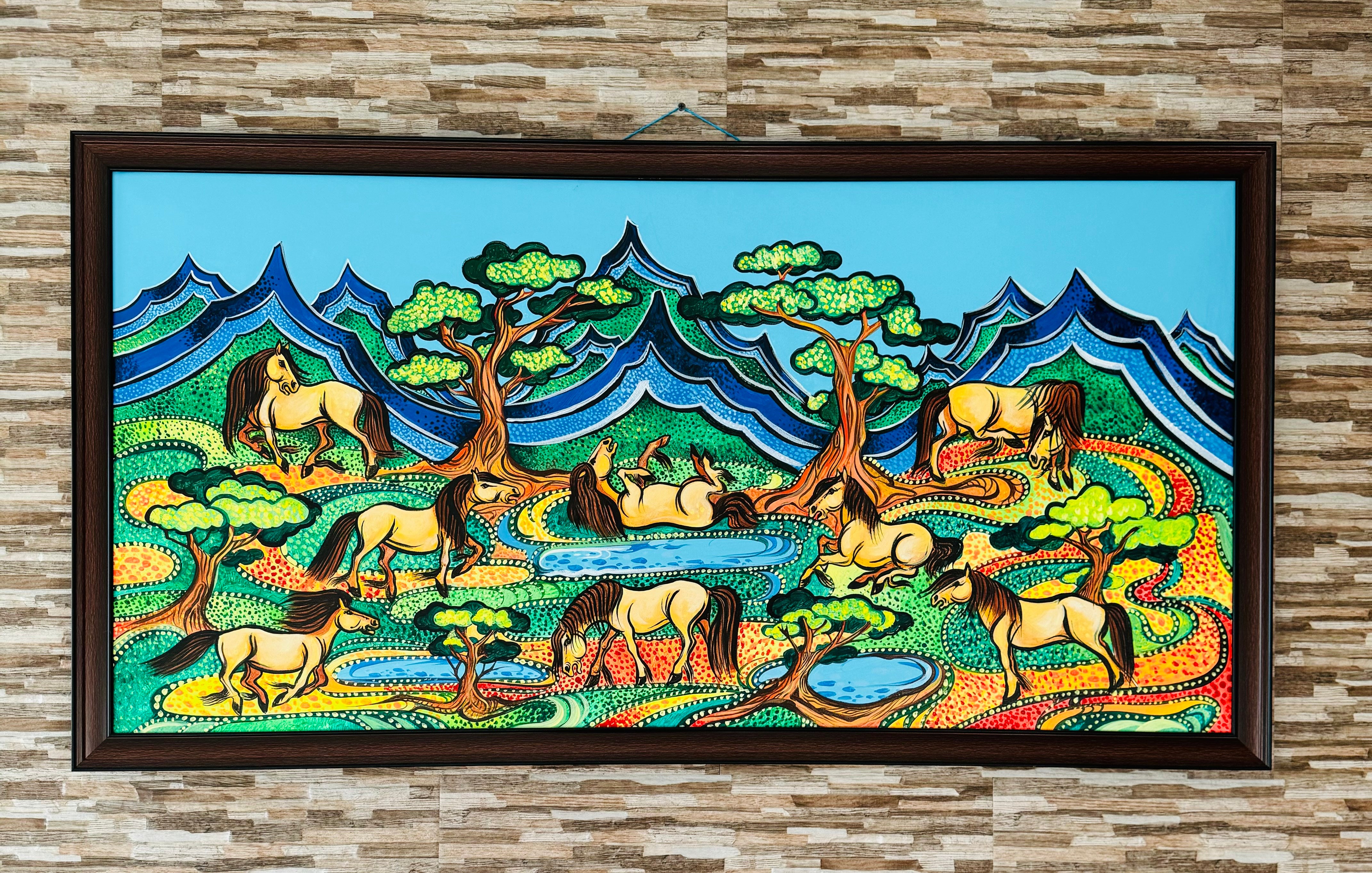 Genghis Khan's Eight Horses Of Happiness Acrylic Painting Size 47x23 in