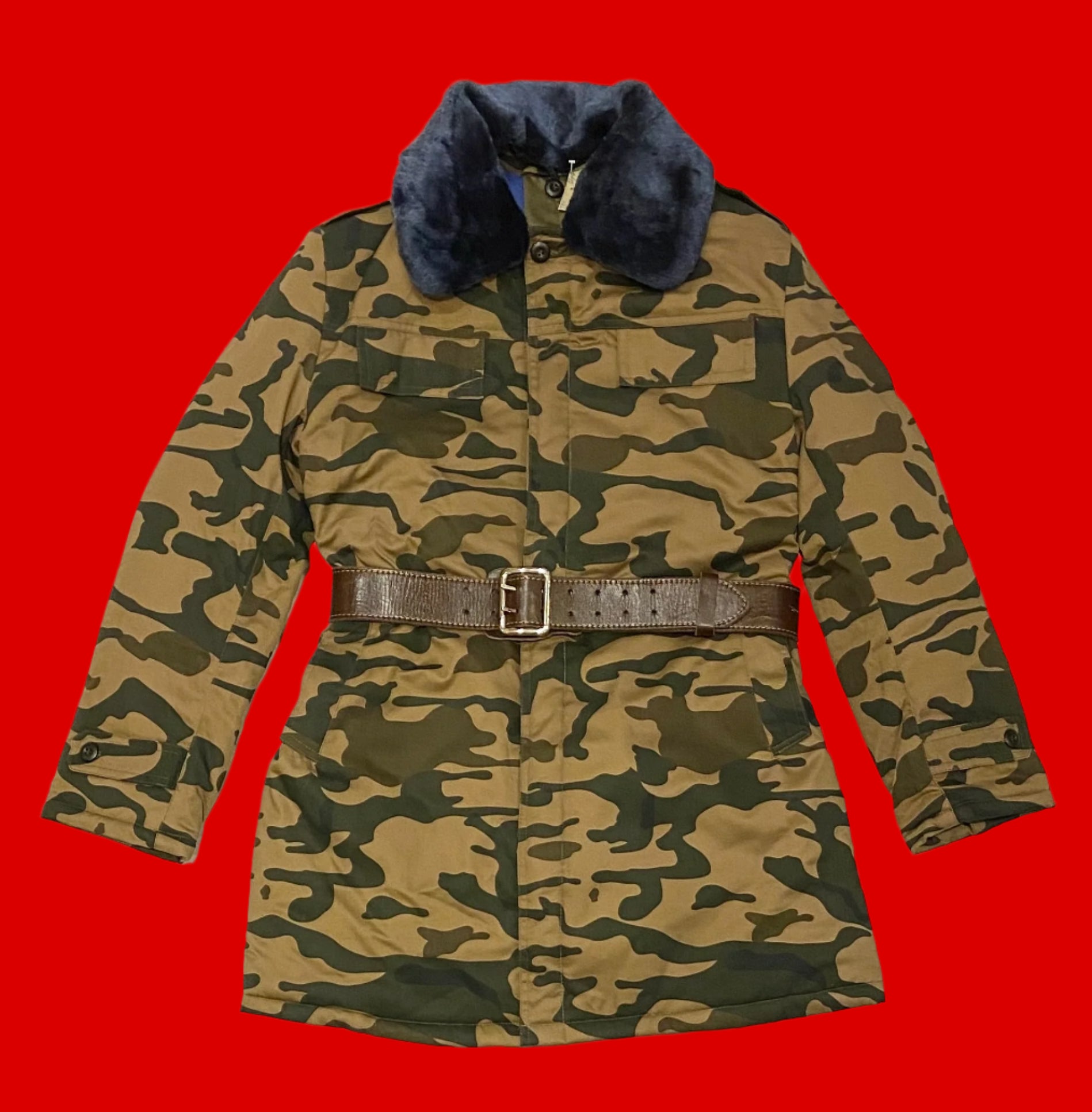 2000s Mongolian Army Surplus Winter Camo Coat With Leather Belt Size S / EU 46
