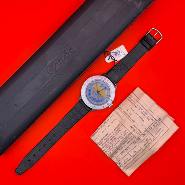 1990s Russian GRU Military Intelligence Mechanical Watch featuring the iconic bat emblem of the GRU. Housed in original box with leather strap, factory tag, and inspection paper. A rare New Old Stock (NOS) collectible, symbolizing the covert operations era of the Russian Federation's intelligence service.