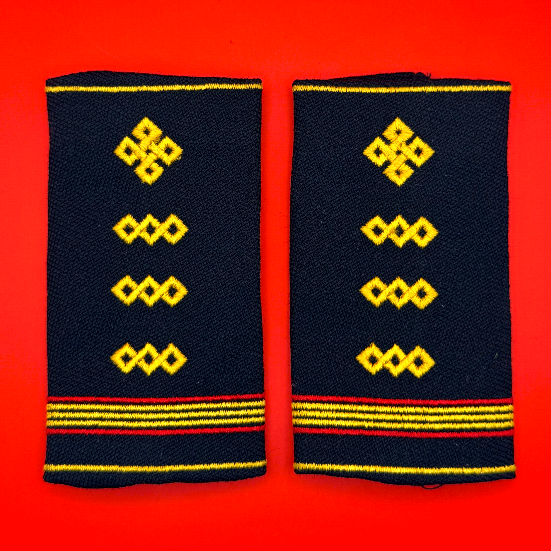 Pair of 2000s Mongolian Army Master Sergeant shoulder boards with gold embroidery and blue backing