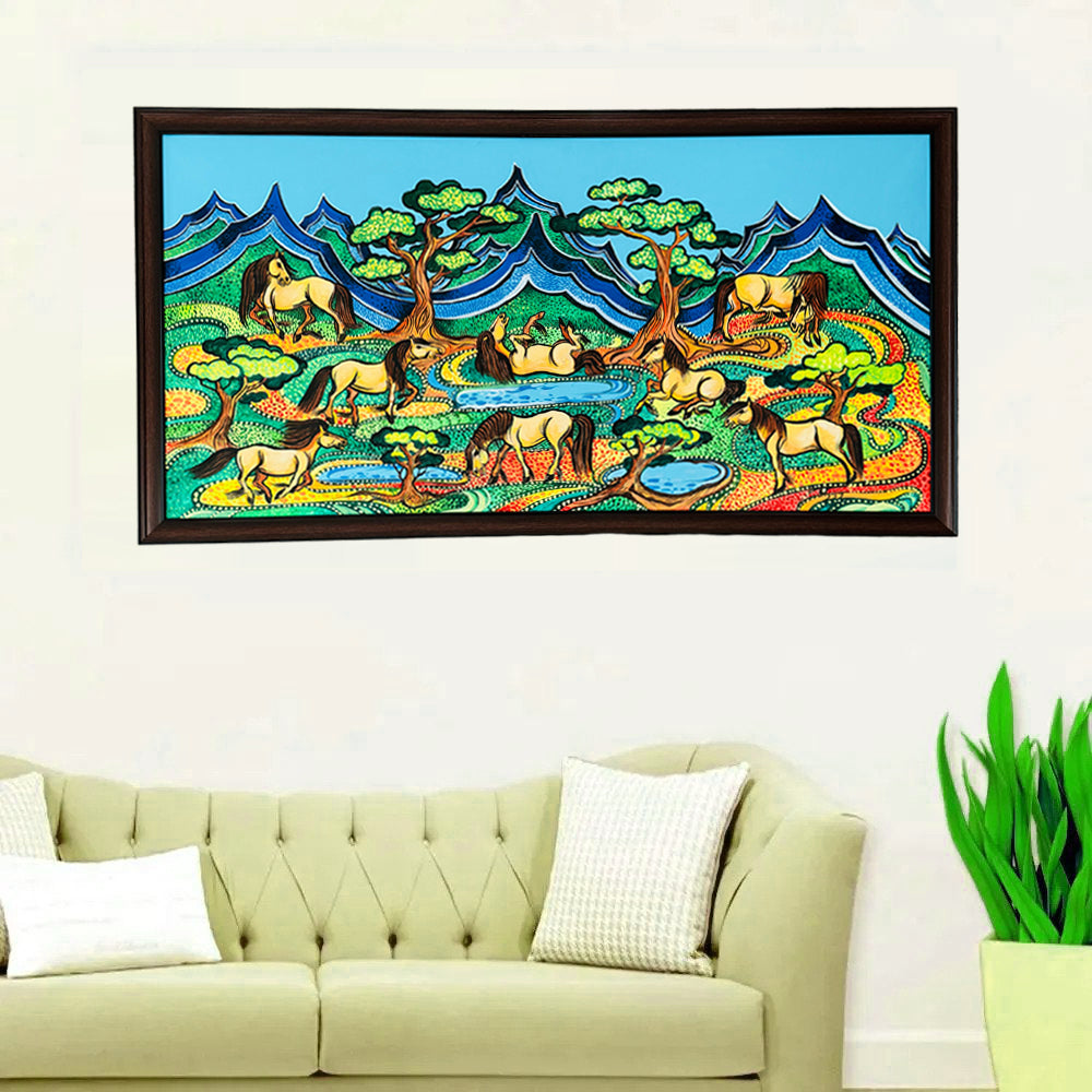 Genghis Khan's Eight Horses Of Happiness Acrylic Painting Size 47x23 in