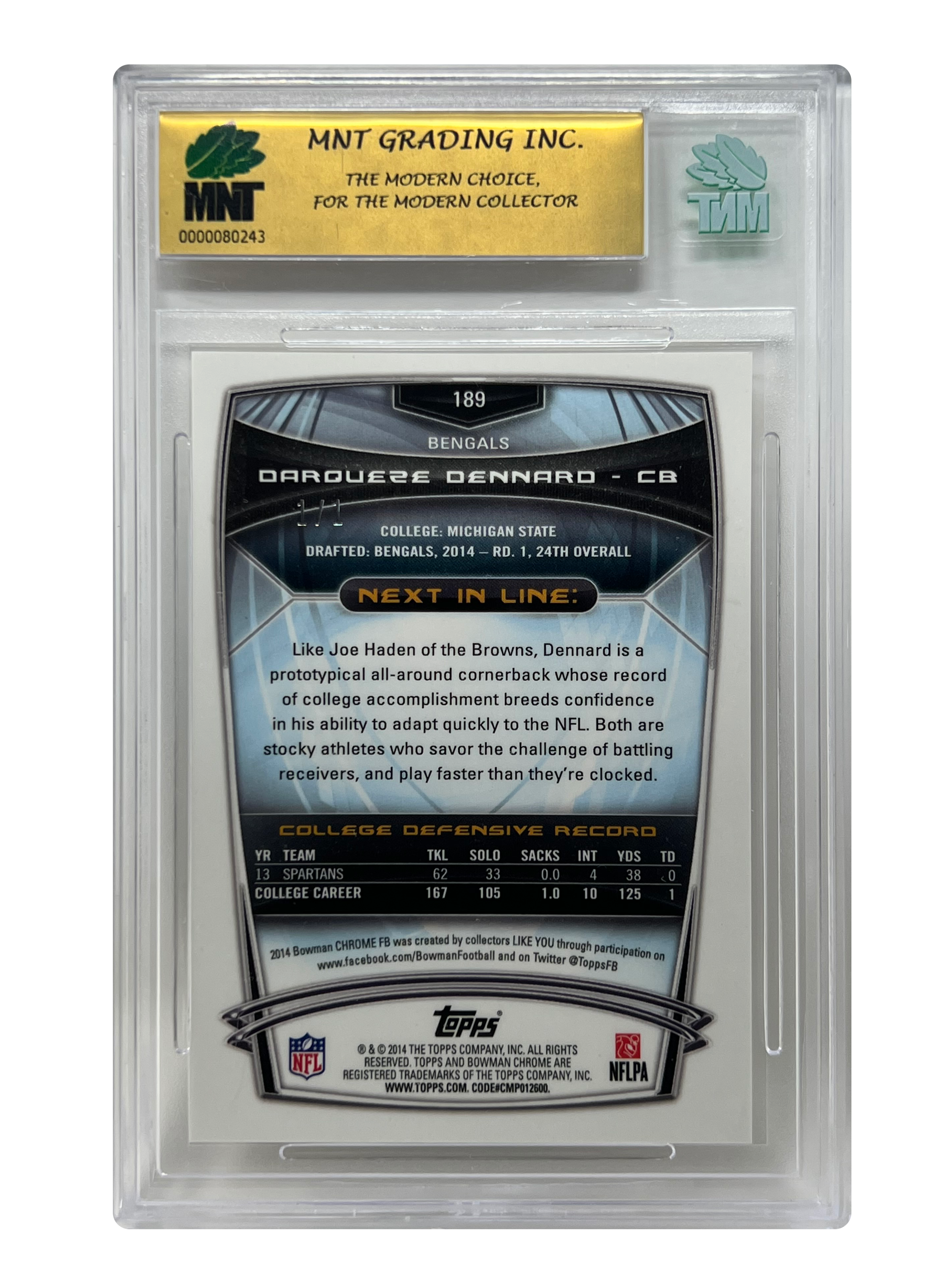 2014 Topps Bowman Darqueze Dennard RC Superfractor Card 1/1 MNT 9.5 GEM
