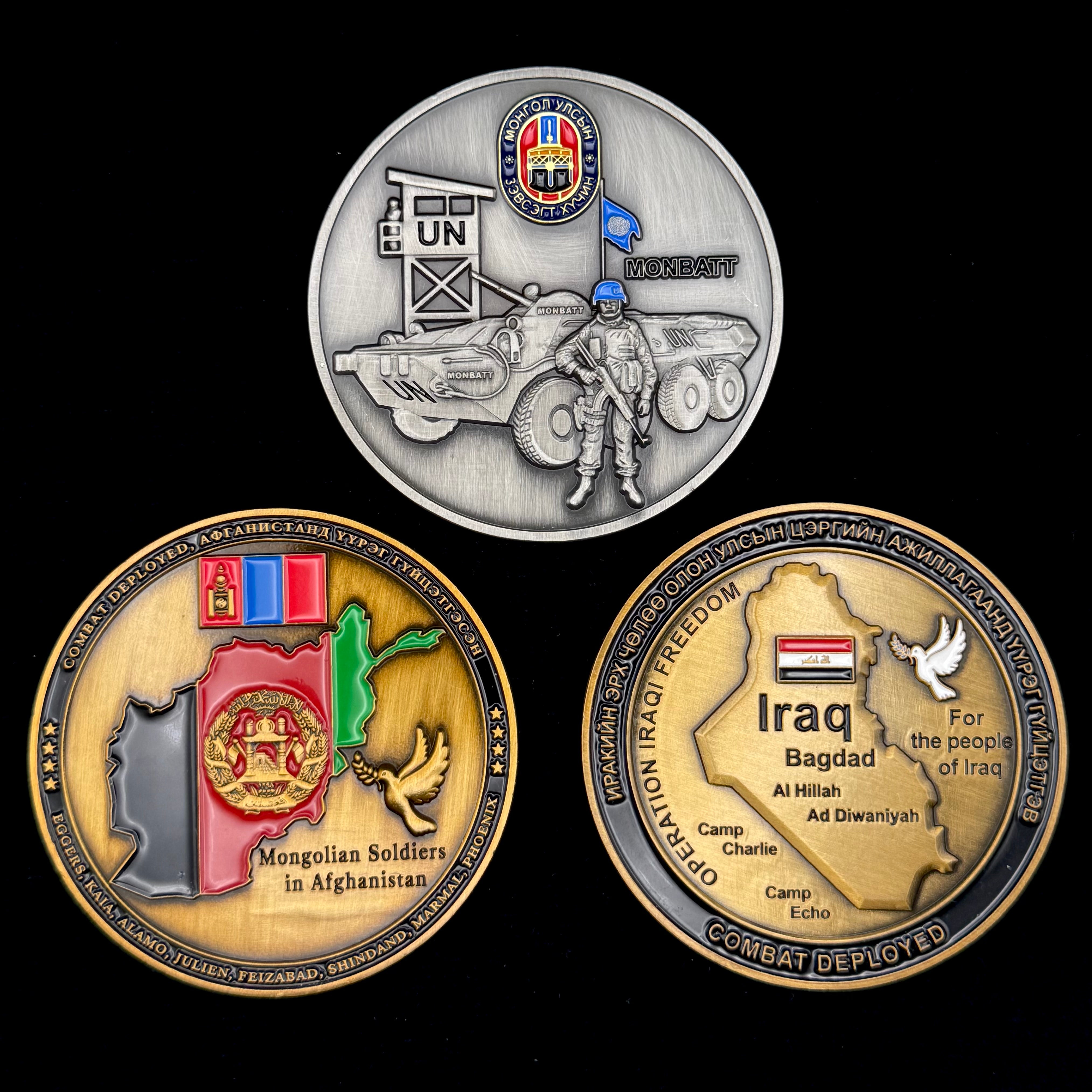 Mongolian Armed Forces Overseas Mission Challenge Coin Set – Iraq OIF, Afghanistan ISAF & UNMISS South Sudan