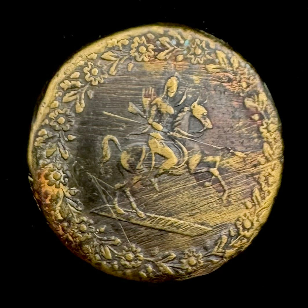Antique Mounted Horseman Button – Decorative Floral Border, Extremely Rare