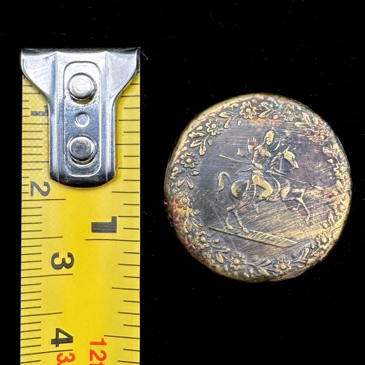 Antique Mounted Horseman Button – Decorative Floral Border, Extremely Rare