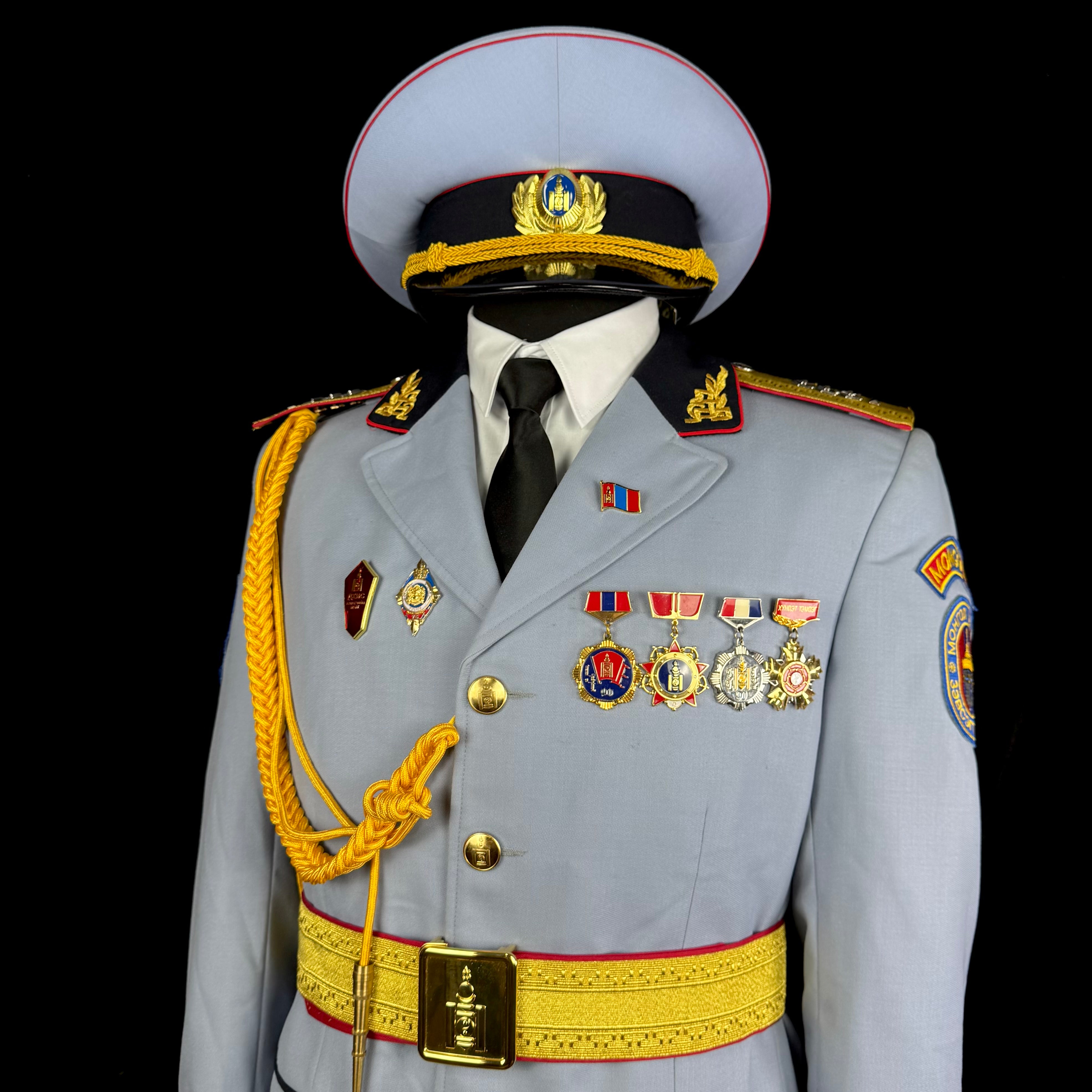 Mongolian Armed Forces Officer Full Ceremonial Parade Uniform – Complete Set with Tunic, Trousers, Visor Cap, Medals, Aiguillette & Belt, Original Issue