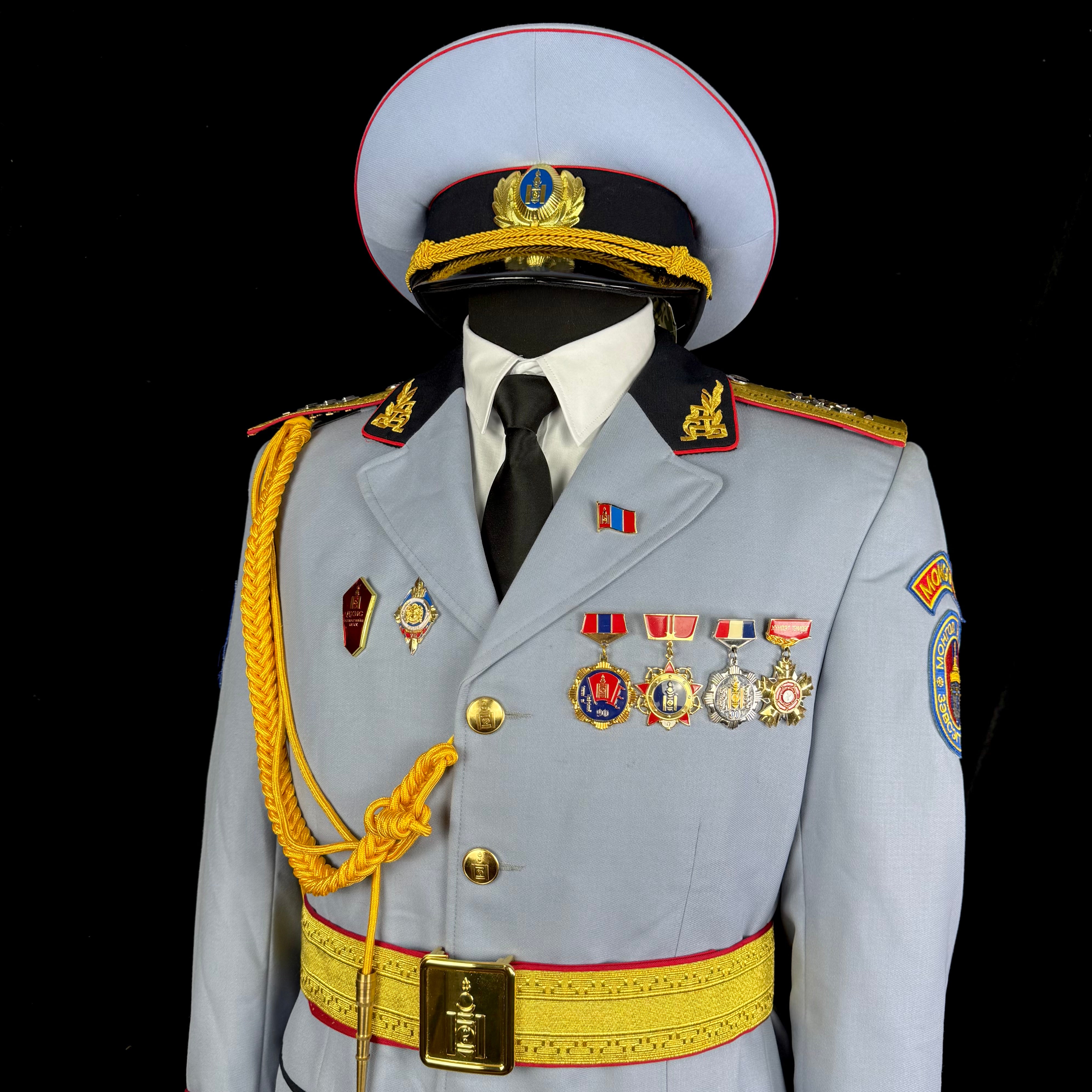 Mongolian Armed Forces Officer Full Ceremonial Parade Uniform – Complete Set with Tunic, Trousers, Visor Cap, Medals, Aiguillette & Belt, Original Issue