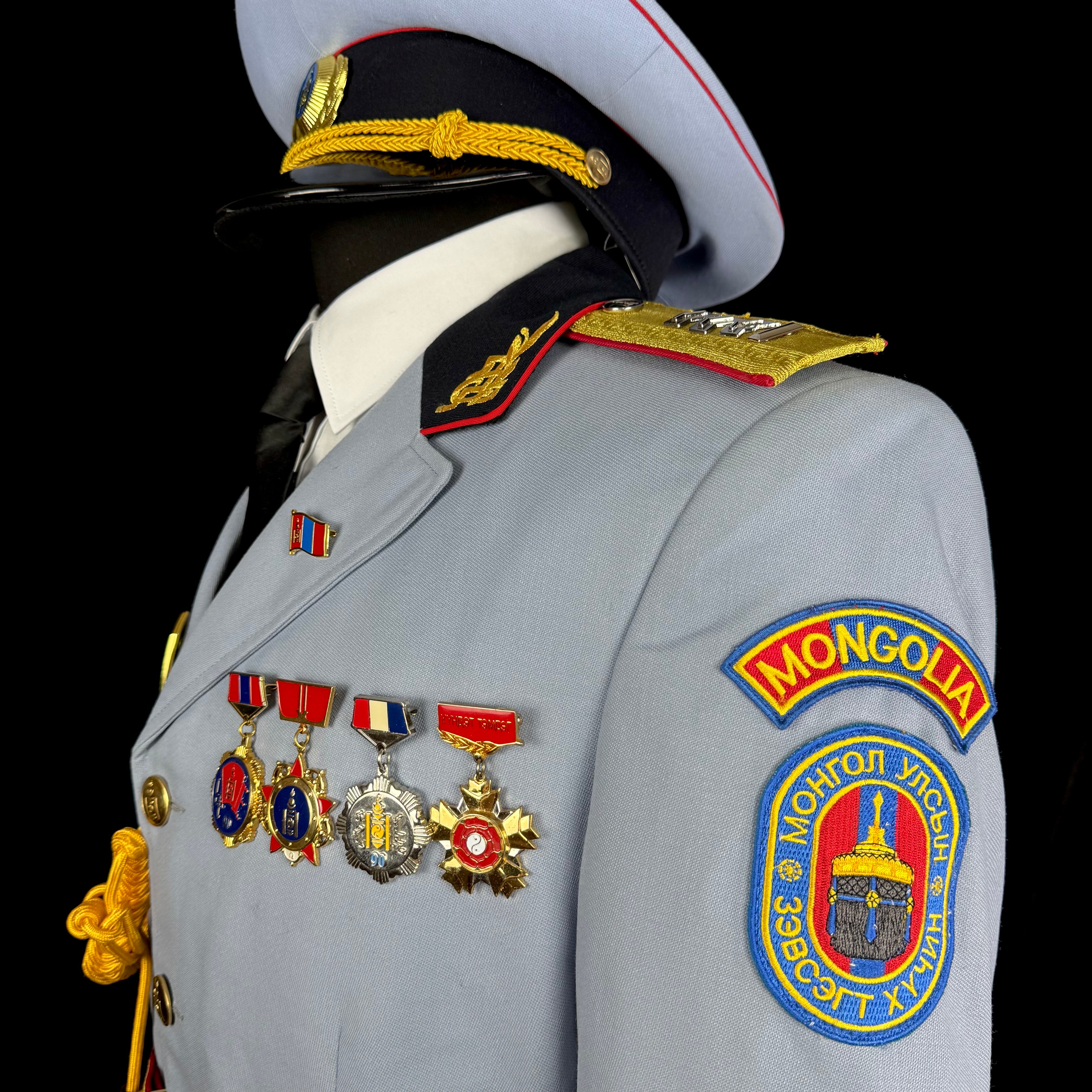 Mongolian Armed Forces Officer Full Ceremonial Parade Uniform – Complete Set with Tunic, Trousers, Visor Cap, Medals, Aiguillette & Belt, Original Issue
