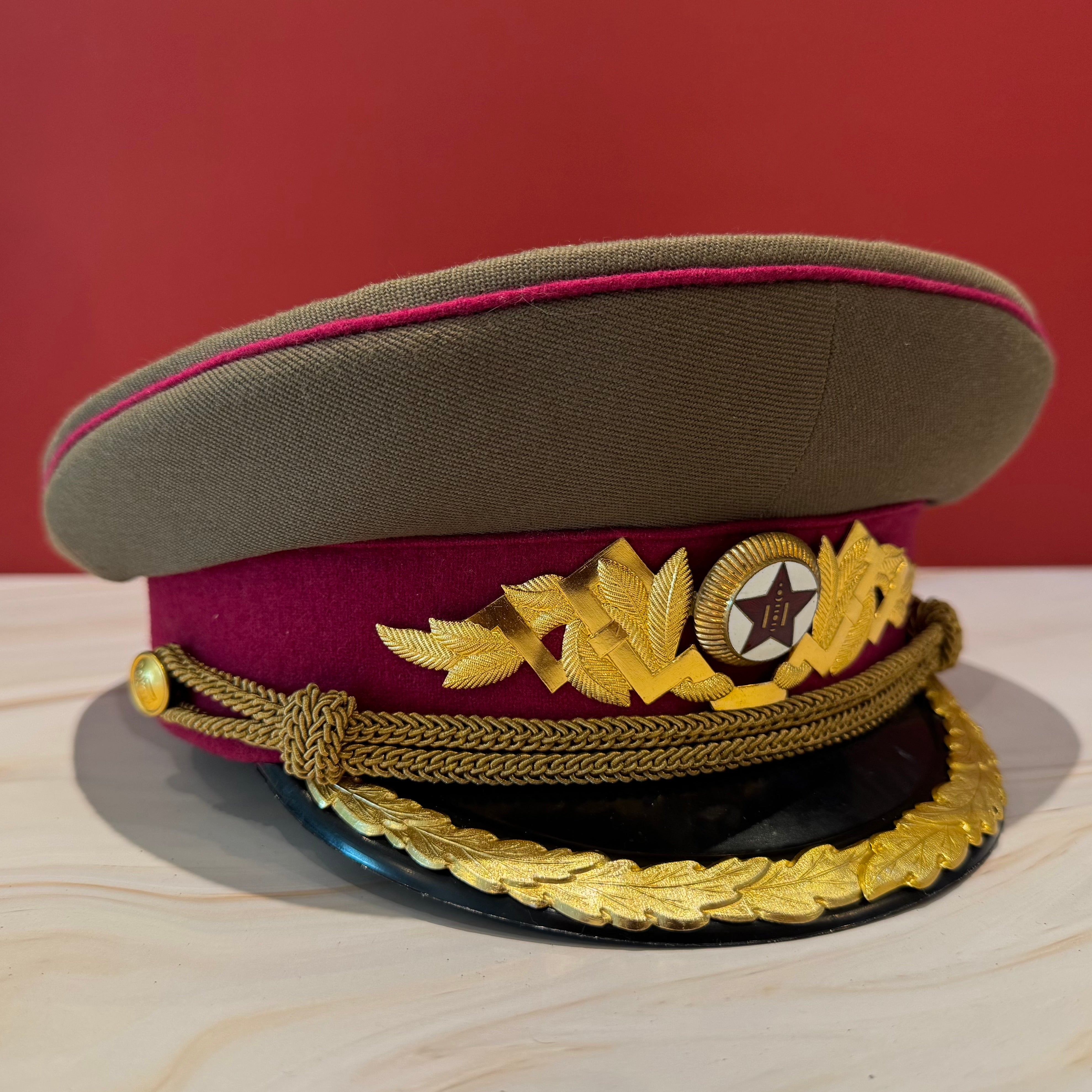 Mongolian intelligence service visor cap styled after Soviet Army headgear with rich embroidery detail