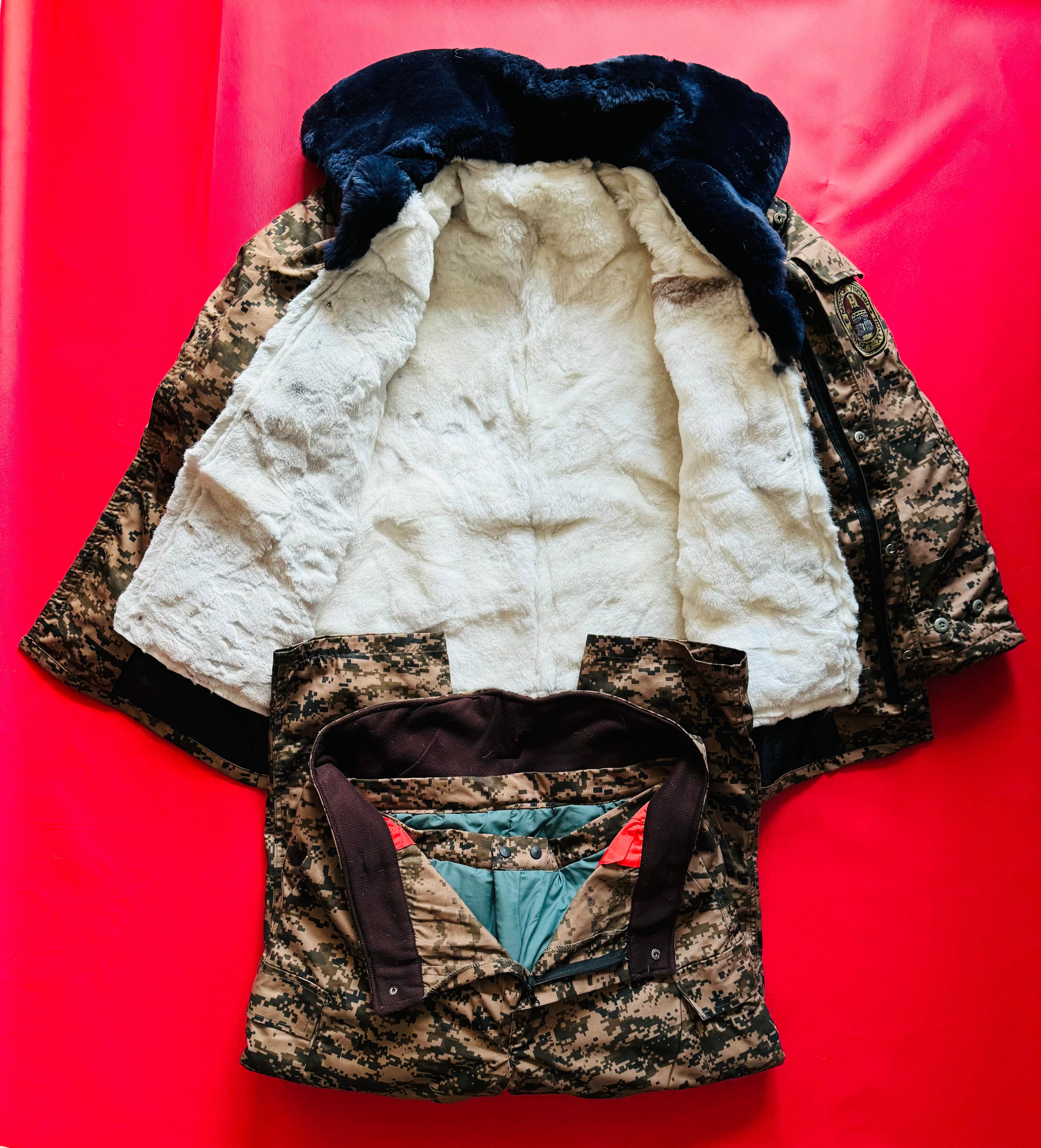Mongolian Army Surplus Winter Camo Jacket & Pants With Sheepskin Liner Size L / EU 52