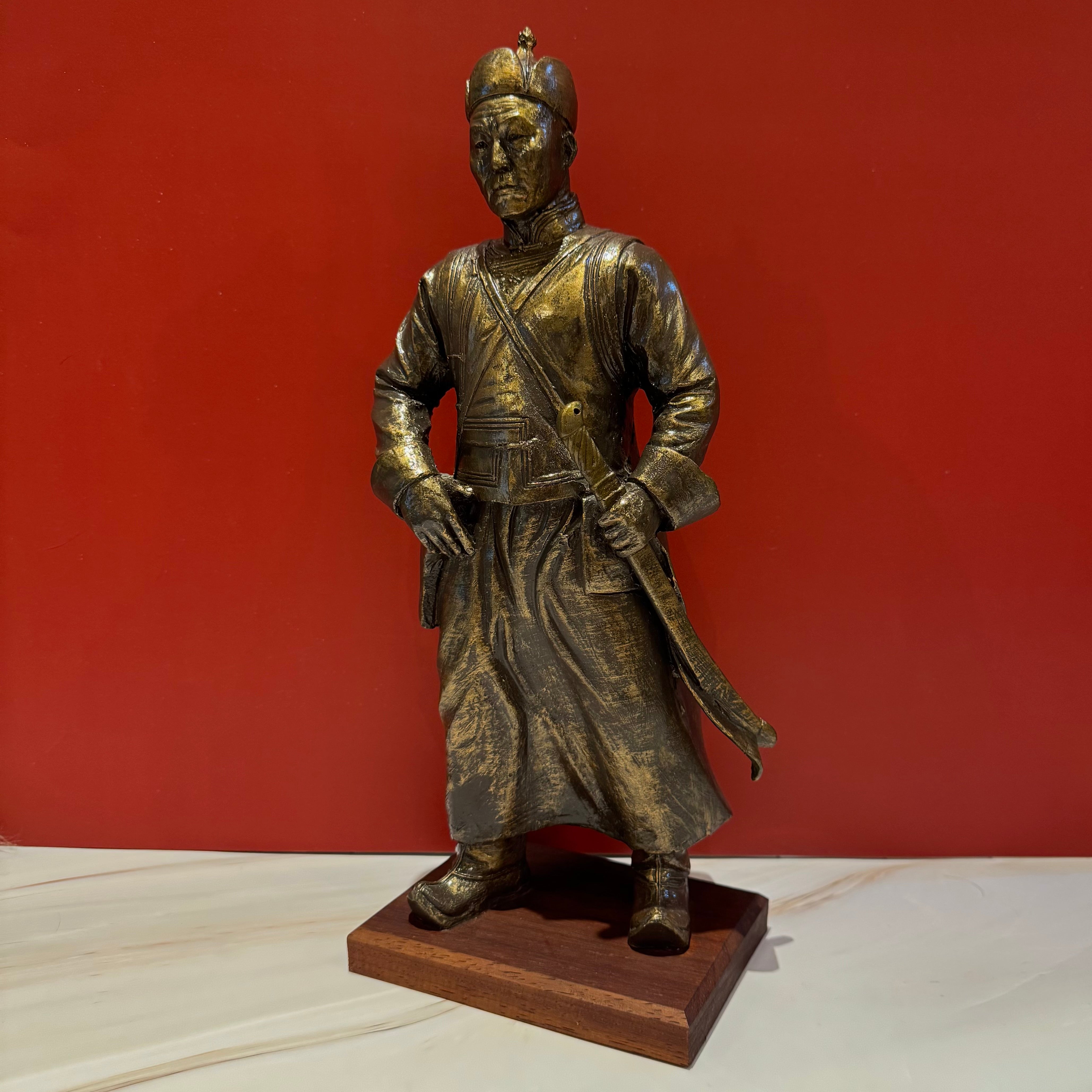 Mongolian military hero Magsarjav general statuette, showcasing the general in traditional officer attire with saber in hand. Detailed statue on a solid wood base, honoring a national hero from Mongolia's early 20th-century independence struggles.