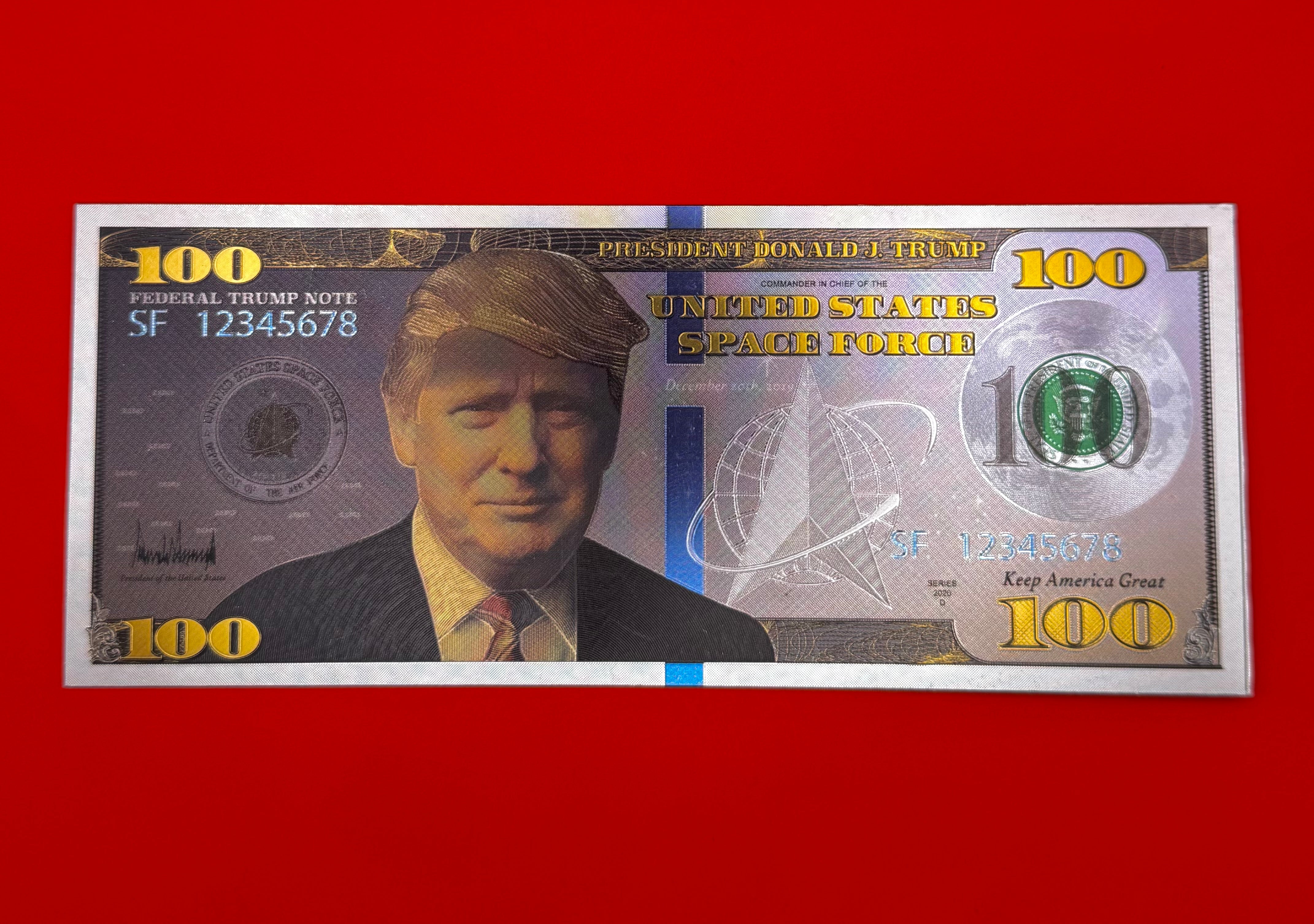 Collectible novelty $100 bill featuring President Donald Trump and Space Force design in new condition