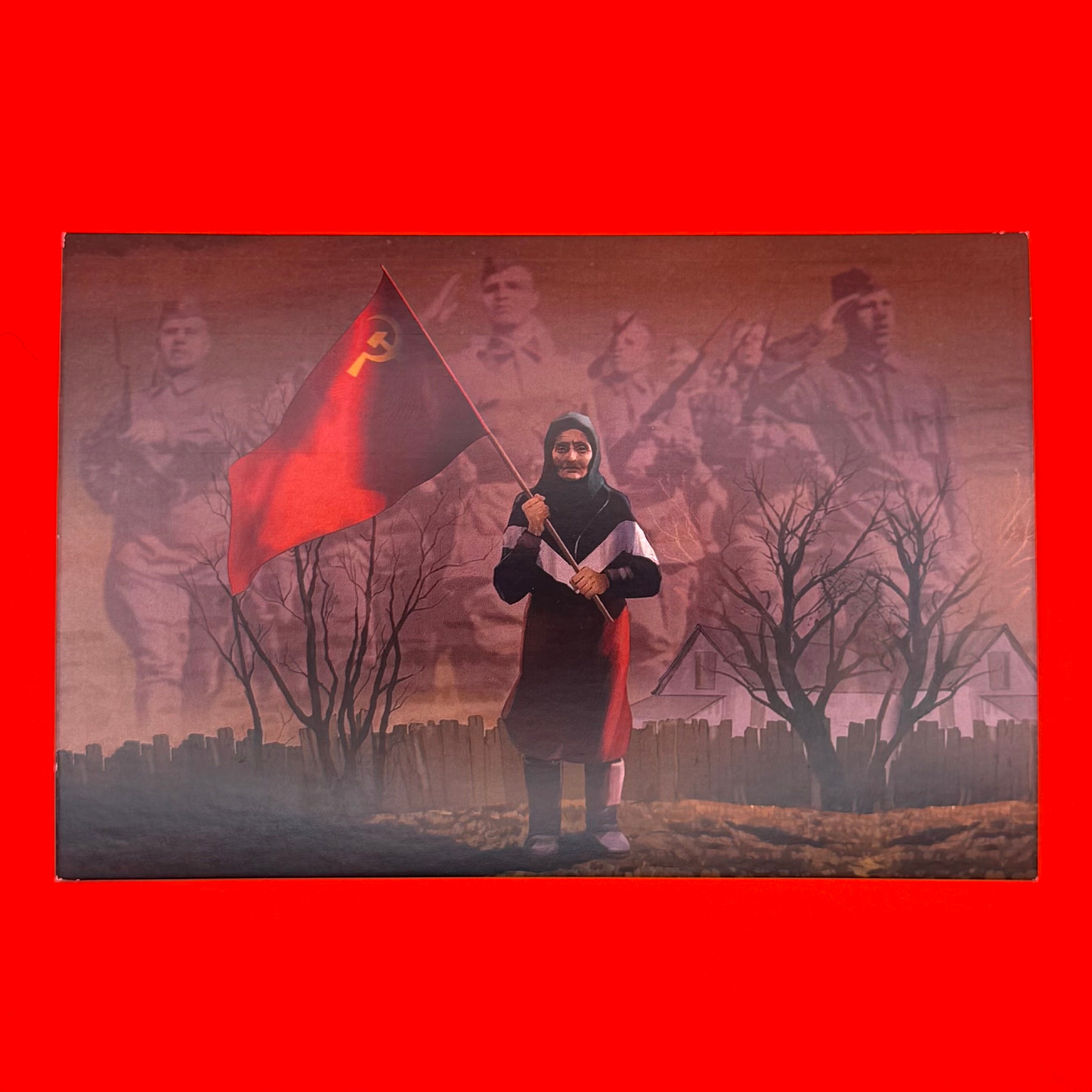 Limited edition Donbas Post commemorative postcard, showcasing a woman holding the red flag of Soviet Union against a backdrop of barren trees and marching soldiers. Printed on quality cardstock, this collectible captures wartime resilience and memory, highly sought by collectors of war memorabilia and philatelic rarities.
