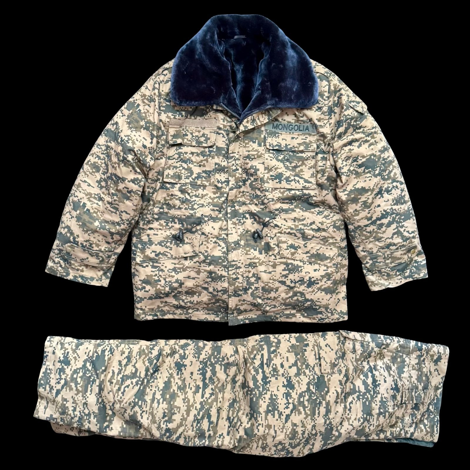 Mongolian Army Officer Winter Camouflage Uniform Set – Sheepskin Lined Jacket & Insulated Pants, Size Large, Unworn Original Issue