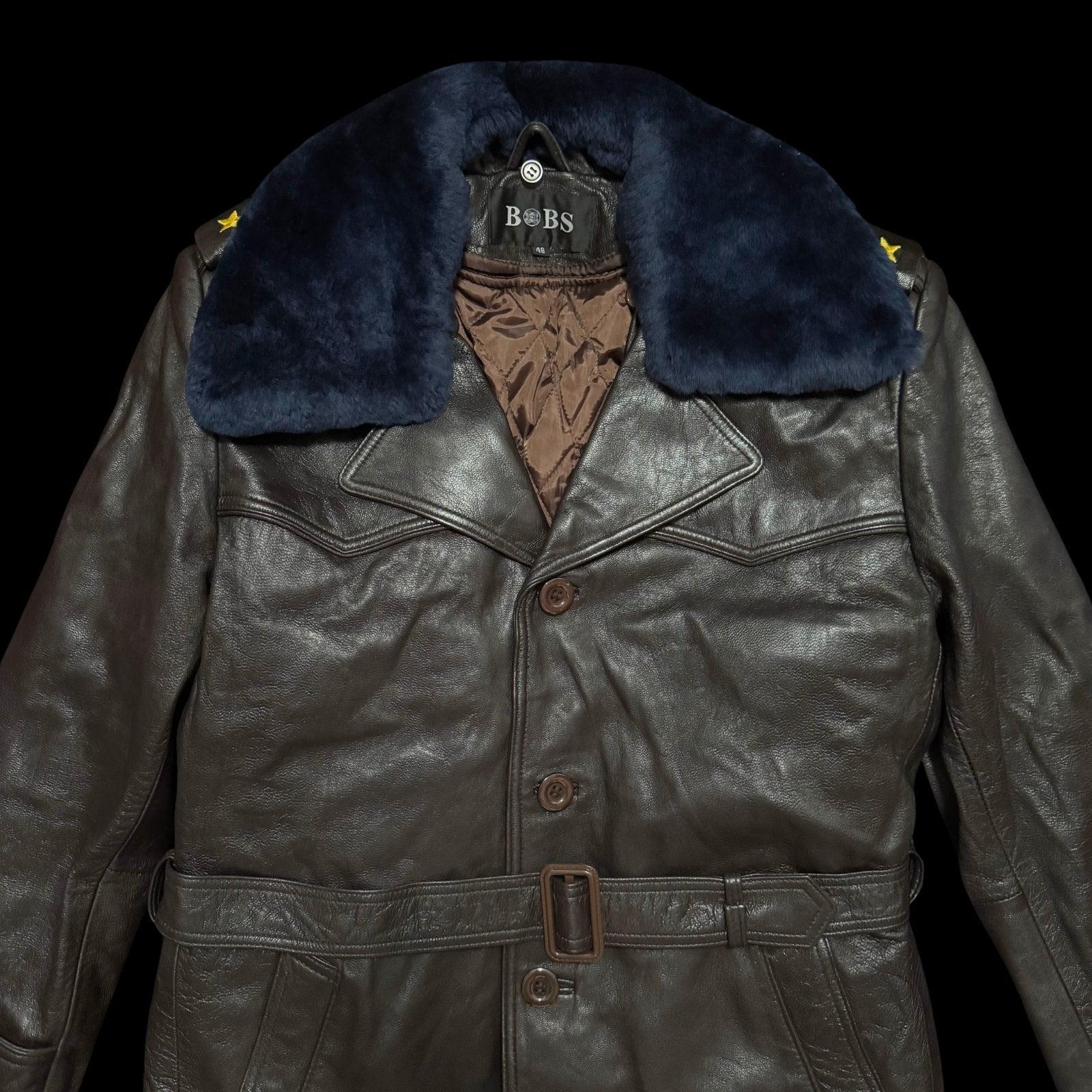 Mongolian Armed Forces Officer Leather Greatcoat – Genuine Goatskin, Sheepskin Collar & Quilted Liner, Size Medium EU-48, Unworn Original Issue