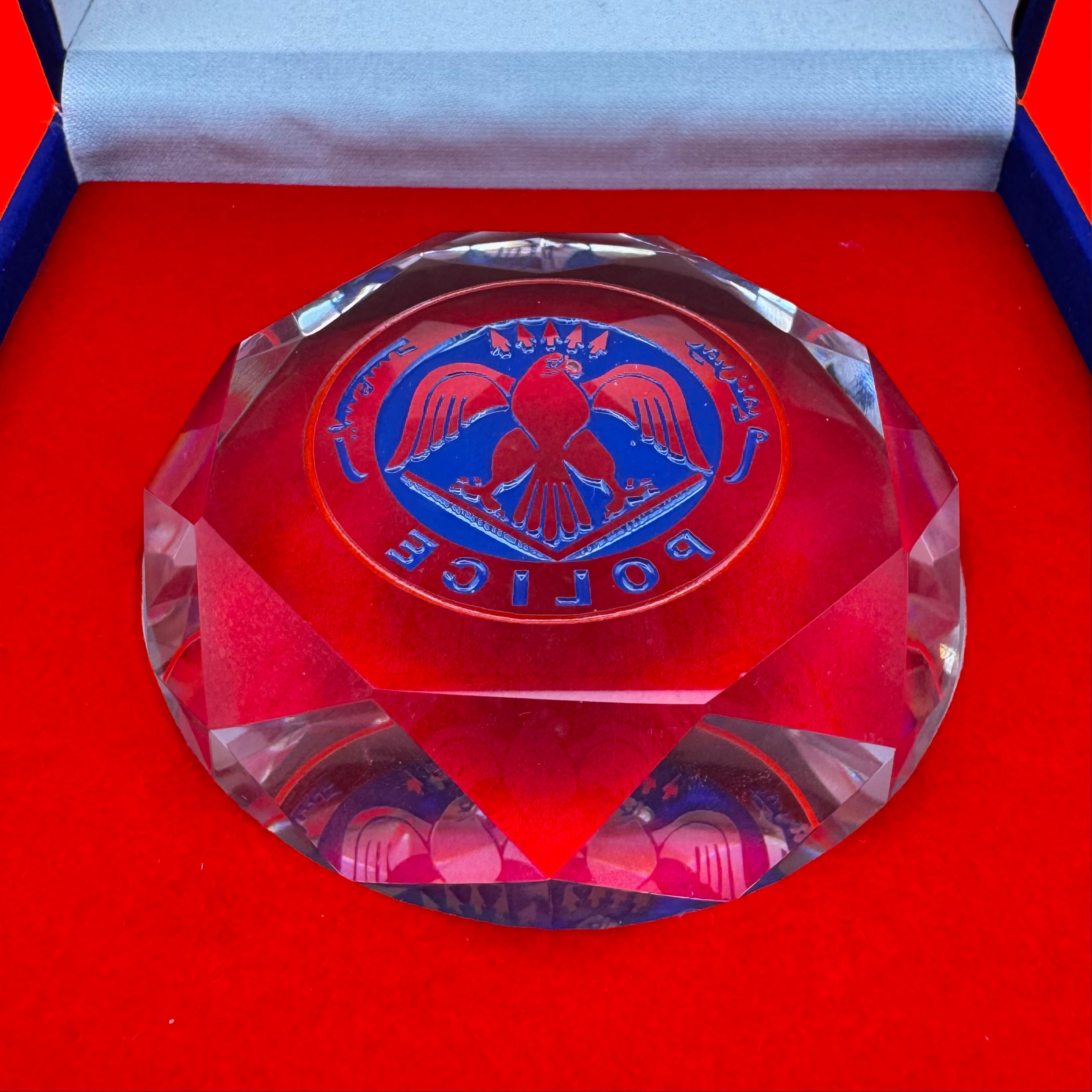 Mongolian Police Crystal Desk Display With Box – Reverse Logo Printing Error – Modern Police Memorabilia
